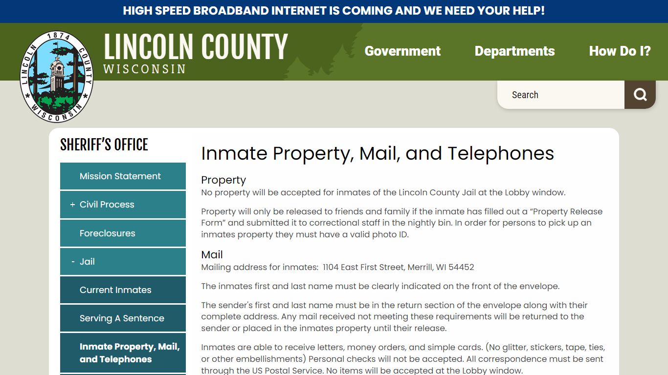 Inmate Property, Mail, and Telephones | Lincoln County, Wisconsin